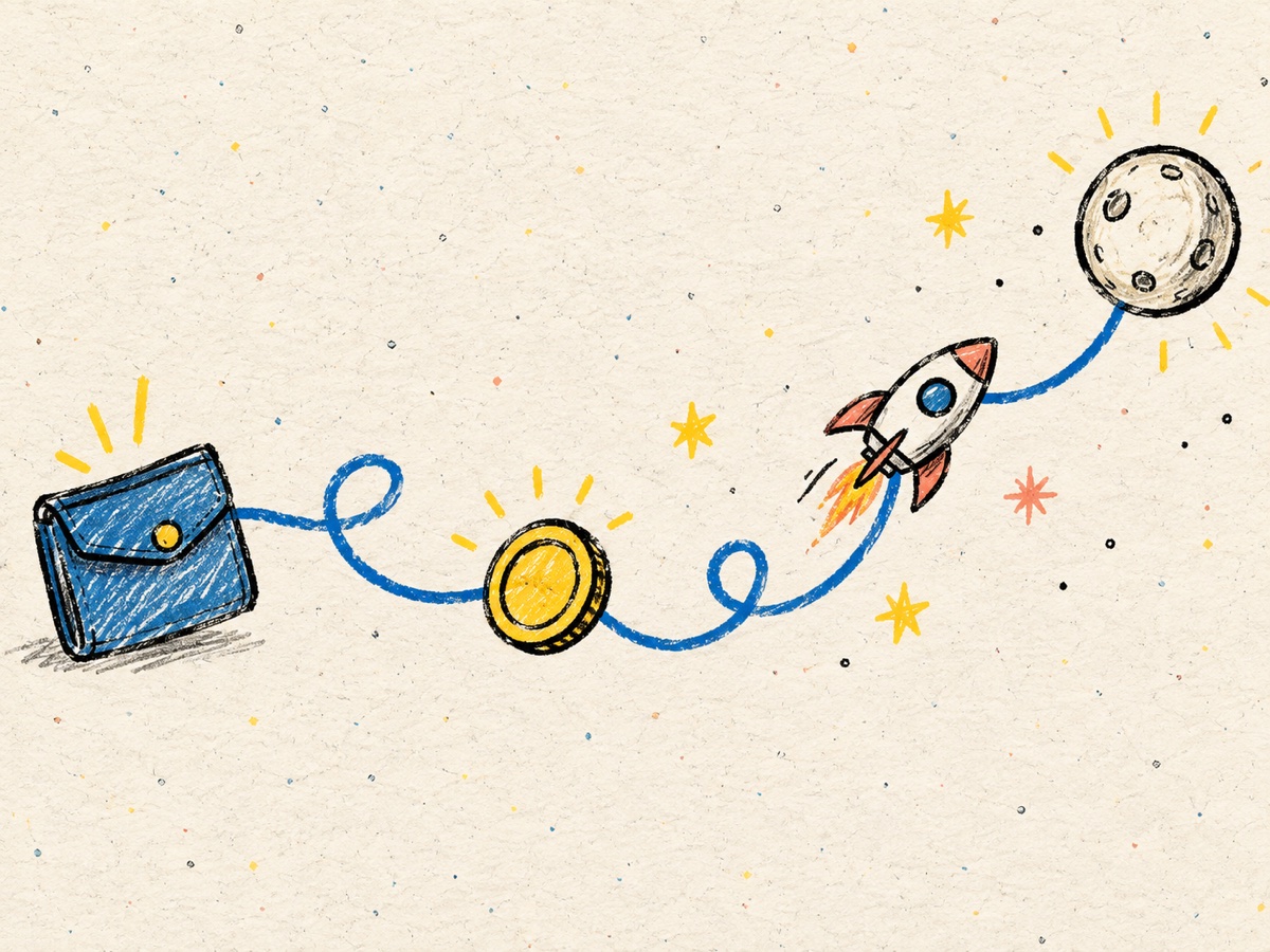 A doodle path from a wallet to a circle token and a rocket